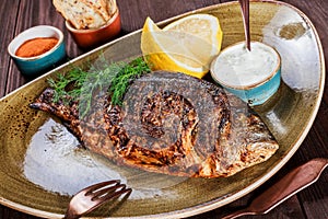 Grilled dorado fish with lemon and greens on plate on wooden background.