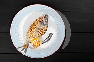 Grilled dorado fish with lemon and truffle sauce on plate on wooden background.