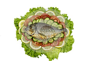 Grilled dorado fish with vegetables: salad, tomatoes, cucumber, green pepper and lemon on white background