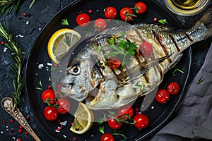 Grilled Dorado, Whole Bbq Sea Bream Fish, Fried Sparus Aurata with Lemon and Cherry Tomatoes
