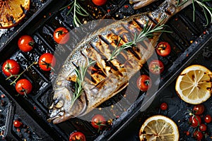 Grilled Dorado, Whole Bbq Sea Bream Fish, Fried Sparus Aurata with Lemon and Cherry Tomatoes