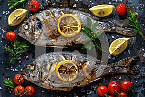 Grilled Dorado, Whole Bbq Sea Bream Fish, Fried Sparus Aurata with Lemon and Cherry Tomatoes photo