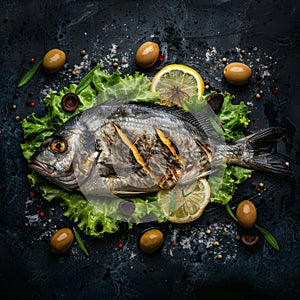 Grilled Dorado, Whole Bbq Sea Bream Fish, Fried Sparus Aurata with Lemon, Olives and Green Lettuce