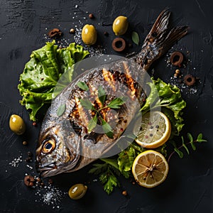 Grilled Dorado, Whole Bbq Sea Bream Fish, Fried Sparus Aurata with Lemon, Olives and Green Lettuce photo