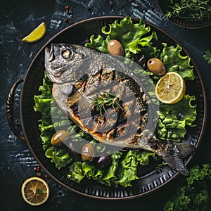 Grilled Dorado, Whole Bbq Sea Bream Fish, Fried Sparus Aurata with Lemon, Olives and Green Lettuce photo