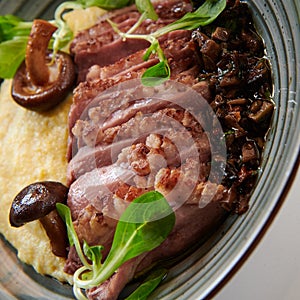 Grilled duck fillet with corn porridge.