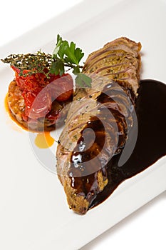 Grilled duck fillet with vegetable stew