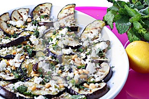 Grilled Eggplant and Goat Cheese with pine nuts