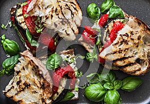 Grilled eggplant, pepper, ciabatta bread sandwiches - healthy summer snack. Picnic food