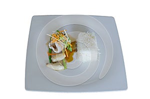 Grilled fillet of seabass with teriyaki sauce, serv with stream