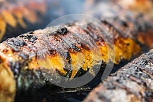 Grilled fish on charcoal grill. Fresh fish barbecue