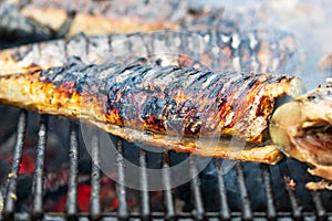 Grilled fish on charcoal grill. Fresh fish barbecue