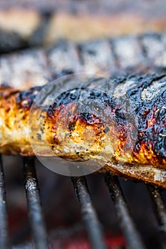 Grilled fish on charcoal grill. Fresh fish barbecue