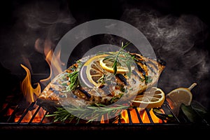 Grilled fish fillet on BBQ grid. Flames, fire and smoke on dark background. Generative AI
