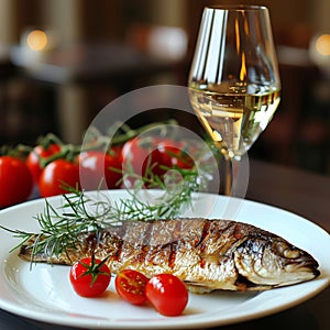 Grilled fish fillet elegantly plated in restaurant with perfect white wine pairing photo