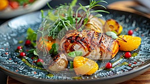 Grilled Fish Fillet with Fresh Orange Slices and Aromatic Herbs on Beautiful Blue Ceramic Plate