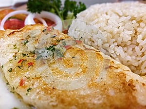 Grilled Fish Fillet with Gravy Sauce Served with Rice.