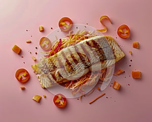 Grilled fish fillet on julienne vegetables with tomato garnish on pink background Gourmet seafood dish