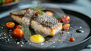 Grilled fish fillet with lemon and cherry tomatoes on black plate