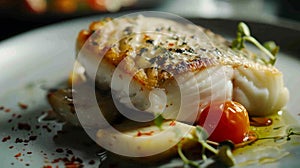 Grilled Fish Fillet with Vegetables on Elegant Plate