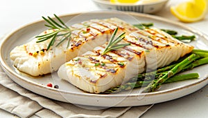Grilled fish fillets on asparagus bed, a delightful fusion of flavors and textures in a healthy dish