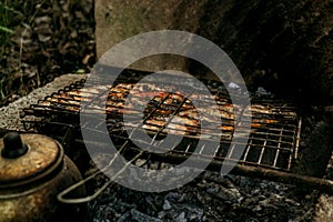 Grilled fish on a fire on a barbecue at a picnic, grilled food on a grill and Turkish teapot 3
