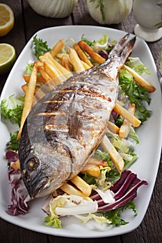 Grilled fish with french fries and salad