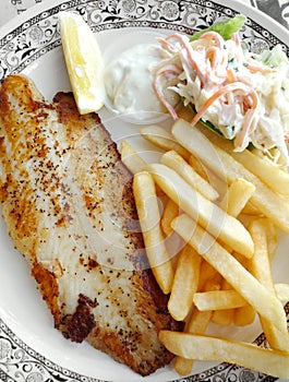 Grilled fish with fries and coleslaw