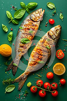 Grilled Fish on Green Background with Fresh Tomatoes, Basil, and Lemon Healthy Seafood Concept