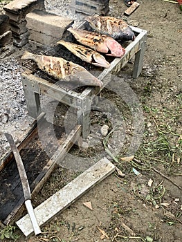 Grilled fish on the grill in the city of Palu, Indonesia