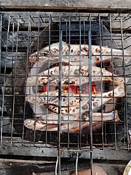 Grilled fish on a hot charcoal grill. in rural Thailand.