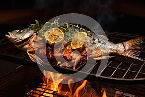 grilled fish with lemon and herbs on grill