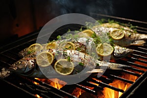 grilled fish with lemon and herbs on grill