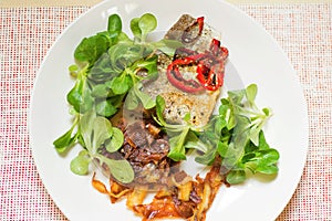 Grilled fish, roasted potato steipe and lambÂ´s lettuce