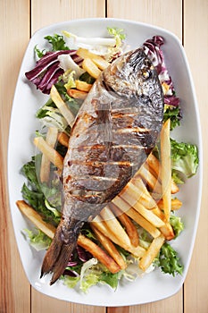 Grilled fish with salad and french fries