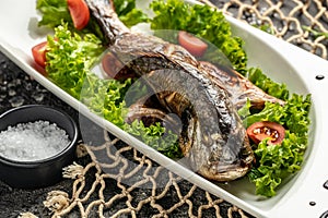 Grilled fish and salad, Grilled dorado fish. Food recipe background. Close up