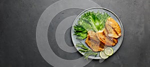 Grilled fish sea bass fillet with green lettuce in a plate on a black stone background.