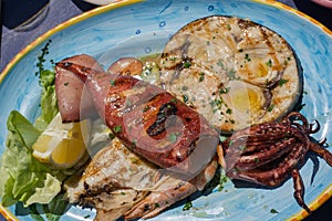 Grilled fish and seafood assortment on a color plate, Amalfi Coast, Campania, Italy