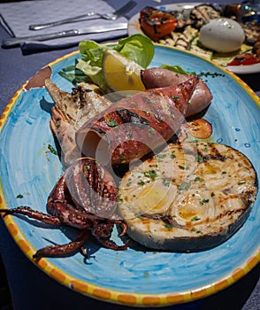 Grilled fish and seafood assortment on a color plate, Amalfi Coast, Campania, Italy