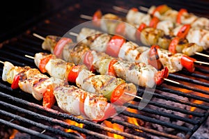 grilled fish skewers resting atop a hot barbecue grill