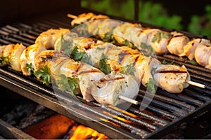 grilled fish skewers resting atop a hot barbecue grill