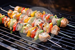 grilled fish skewers resting atop a hot barbecue grill