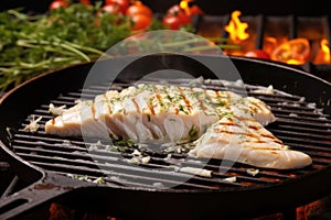 grilled fish steak being flaked apart on a skillet