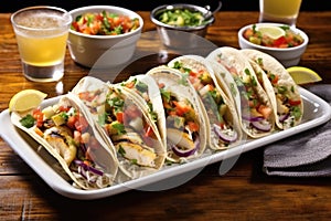 grilled fish tacos with toppings, served on a tray