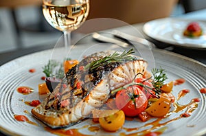 Grilled fish with vegetables on a plate.