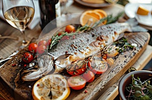 Grilled fish with vegetables on a plate.