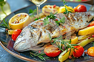 Grilled fish with vegetables on a plate.