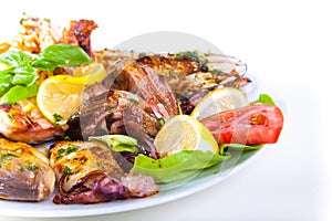 Grilled fish with vegetables on plate Isolated on