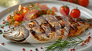 Grilled fish on a white plate with cherry tomatoes and herbs. Freshly cooked seafood meal. Perfect for health-conscious