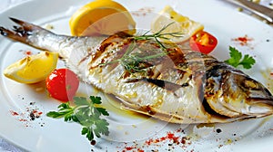 Grilled fish on a white plate garnished with lemon and herbs. Fresh seafood meal for healthy eating. Perfect for